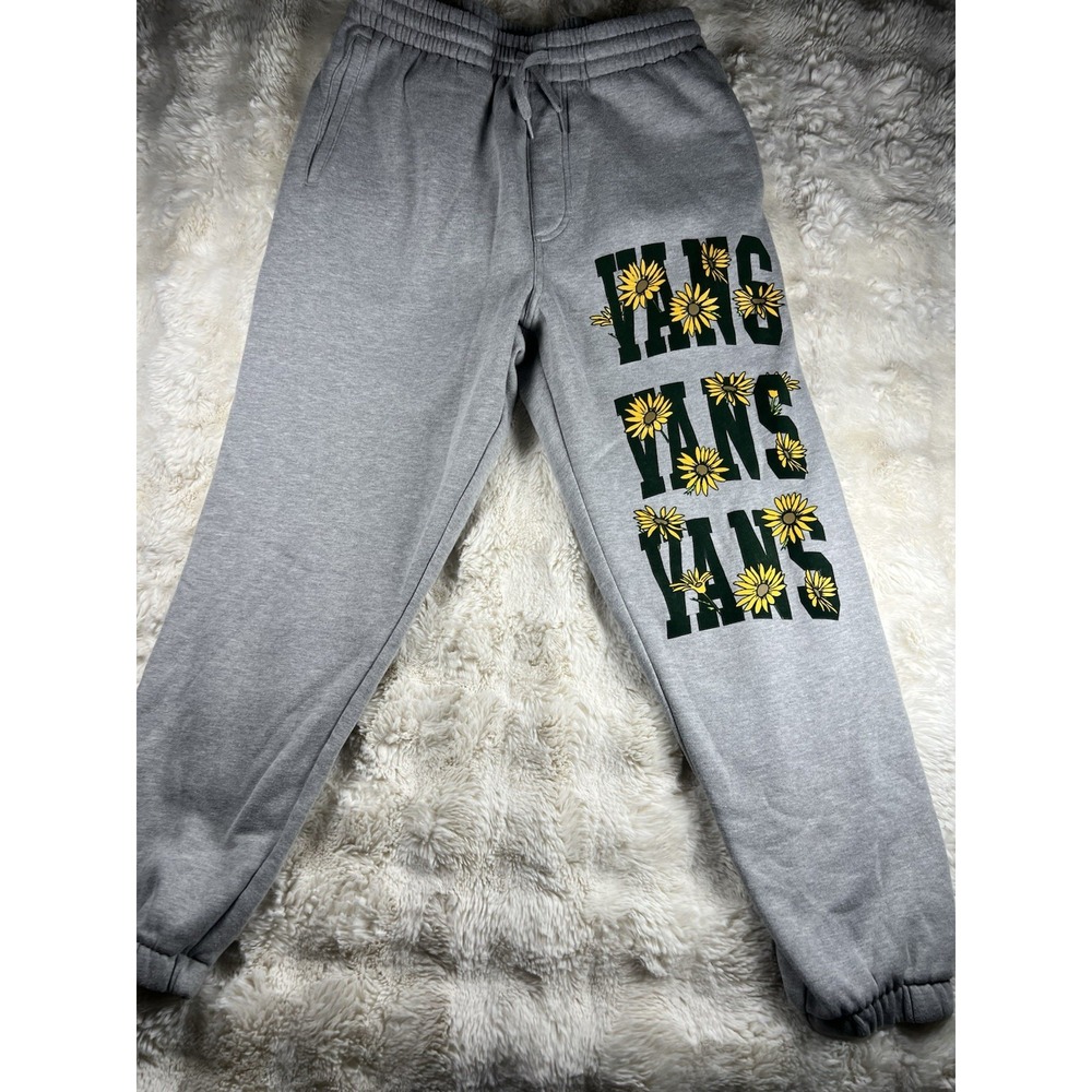 Vans Womens Small Grey Sunflower Graphic Sweatpants Fleece Joggers Elastic Waist